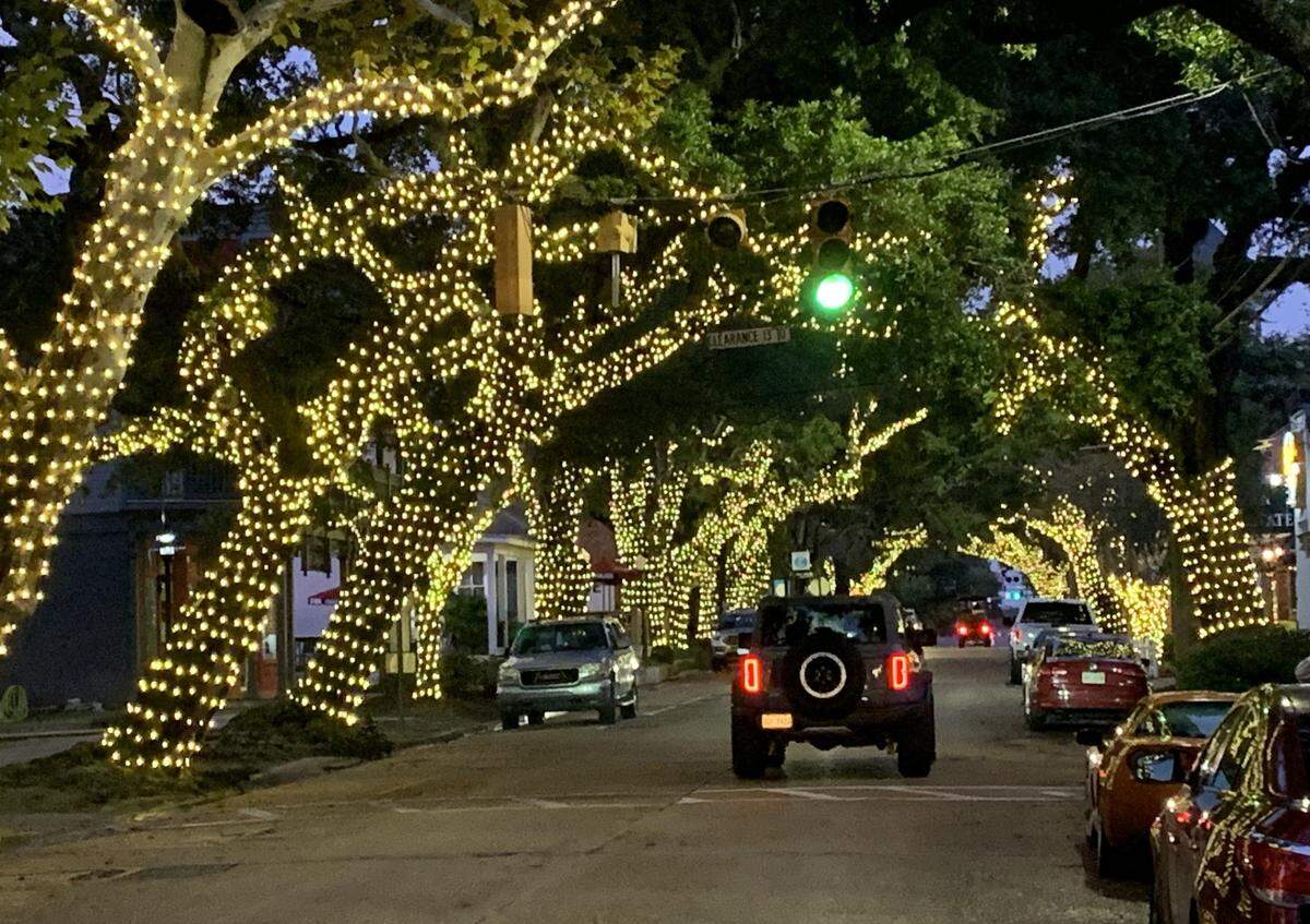 A tunnel of lights in the oak trees along Washington Avenue brightens downtown Ocean Springs during the holidays. The oak canopy provides a distinctive look year-round.